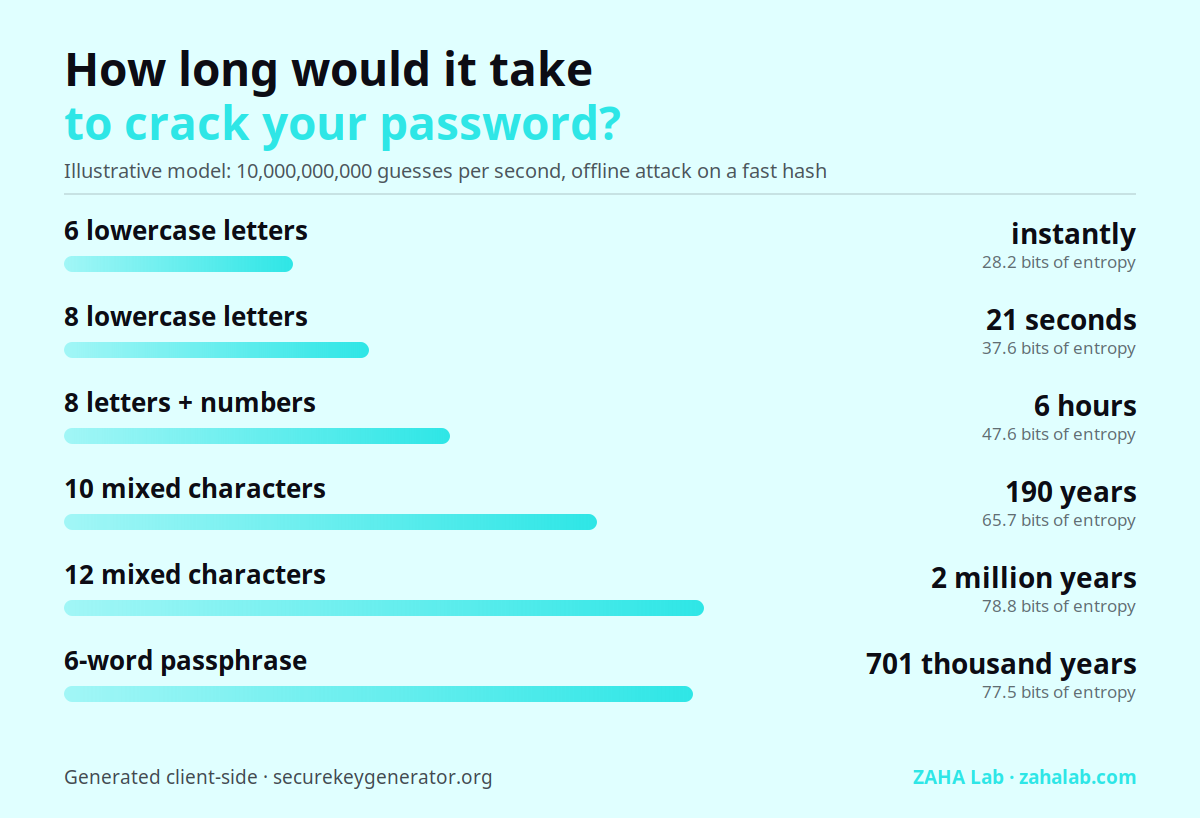 Chart: estimated time to crack passwords by pattern, from instantly for 6 lowercase letters to thousands of years for a 12-character mixed password or a 4-word passphrase